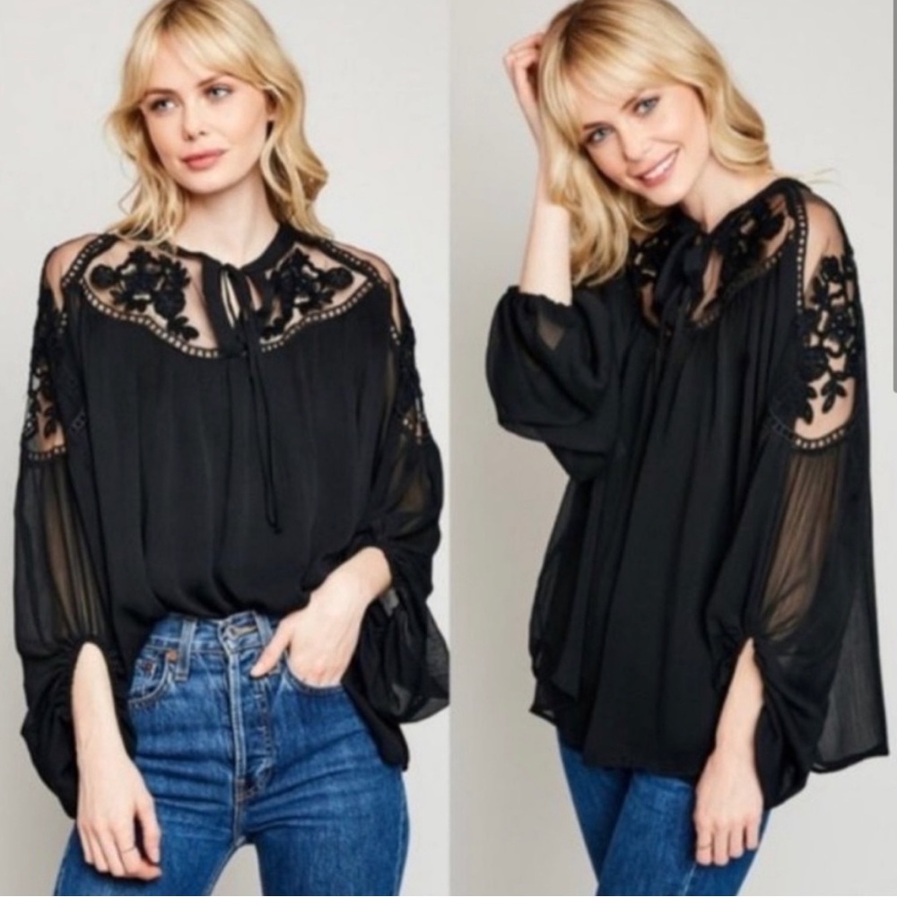 044 Bohemian Oversized Embroidered Floral peasant Lace Top - Picture 1 of 5